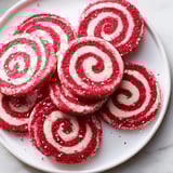 Freshly baked Candy Cane Swirl Cookie Platter shows delightful, swirly cookies perfect for sharing this holiday season.