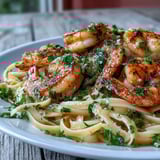 Plump shrimp and linguine coated in a glossy garlic butter wine sauce, topped with fresh parsley and lemon zest.