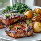 Golden roasted Aleppo Pork Chops with crispy potatoes and sautéed greens served fresh from the oven.