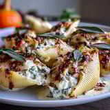 Golden, bubbly Pumpkin & Gouda Stuffed Shells bake in a rich brown butter sage Alfredo sauce.
