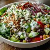 Colorful Mediterranean Farro Bowl drizzled with creamy tahini dressing and served with warm pita bread.