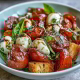Fresh mozzarella balls and heirloom tomatoes in a Caprese Salad Bowl drizzled with balsamic and olive oil.