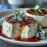 Silky Honey Lavender Panna Cotta with floral honey drizzle and edible blossoms.  