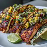 Zesty grilled salmon tacos served with fresh mango salsa, red cabbage, and lime wedges for a bright, flavorful dinner.  