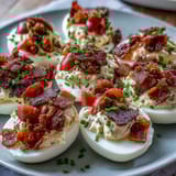 Creamy deviled eggs filled with tangy yolk mixture, garnished with fresh lettuce, diced tomato, and crispy bacon bits.