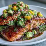 Golden-baked salmon fillet served with a colorful, zesty mango avocado salsa for a tropical twist.  