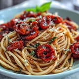 Tender, slow-roasted cherry tomatoes atop garlic oil spaghetti, perfect for weeknights.