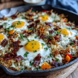 Loaded hash brown skillet: crispy potatoes, melty cheese, and runny eggs ready for brunch.