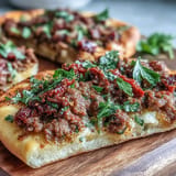 Savory Turkish Lahmacun Pizza, thin crust loaded with lamb filling and vibrant sumac for enjoyment.