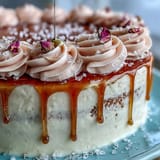 A decadent Bridal Shower Rosé Velvet Cake, adorned with a flowing gold drip.