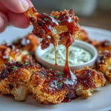 Crispy, saucy vegan BBQ cauliflower wings appetizer with ranch dip.