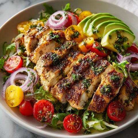 Lemon Herb Grilled Chicken Salad: Close-up shows vibrant greens, juicy chicken, and zesty lemon wedges.