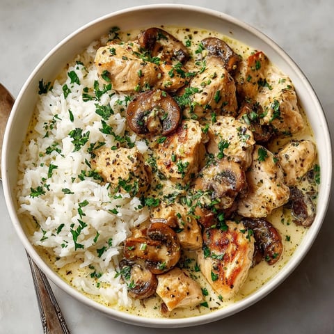 Creamy Mushroom Chicken and Rice: Golden chicken simmered in rich mushroom sauce with fluffy rice.