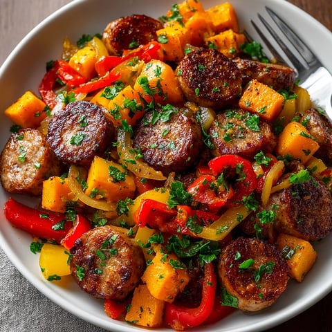 Savory One-Pot Sausage and Sweet Potato Hash, cooked till caramelized in cast iron.