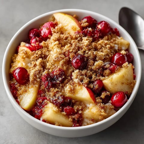 Golden brown Cranberry Apple Crisp bubbling hot, ready for vanilla ice cream.
