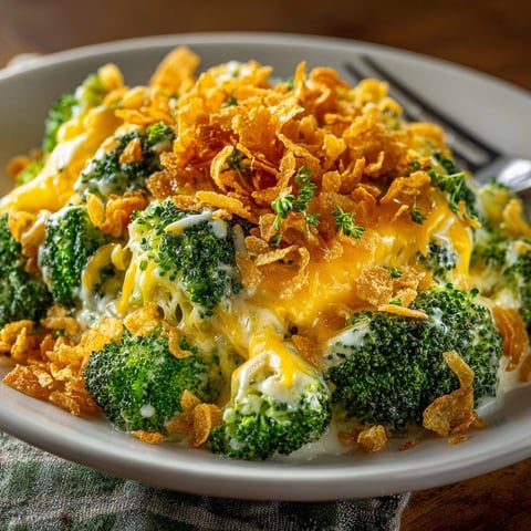 Golden Broccoli & Cheddar Casserole with Cornflake Topping, warm and bubbling, awaits serving.