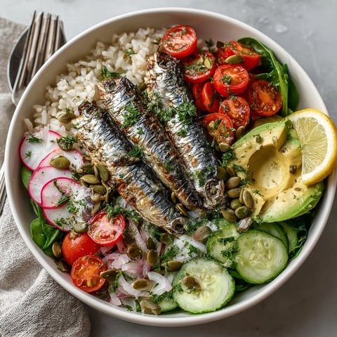 Close-up of a vibrant Tin Fish Date Night Bowl with glistening olive oil.