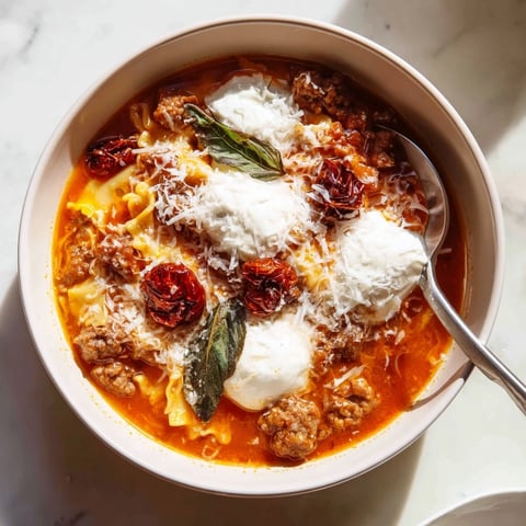 Hearty lasagne soup with roasted cranberries, creamy cheese, and flavorful herbs.  