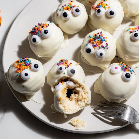 Delicious Sweet Potato Cinnamon Sugar Monster Cake Balls topped with candy eyes and sprinkles.  