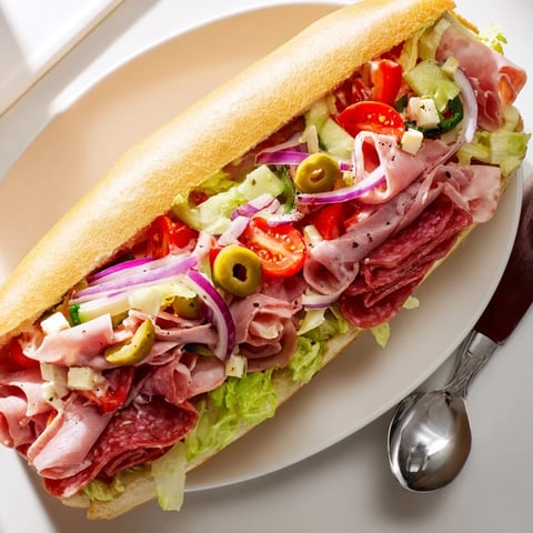 Delicious Flavor Mash-Up Sandwiches filled with colorful Italian meats and fresh veggies.  