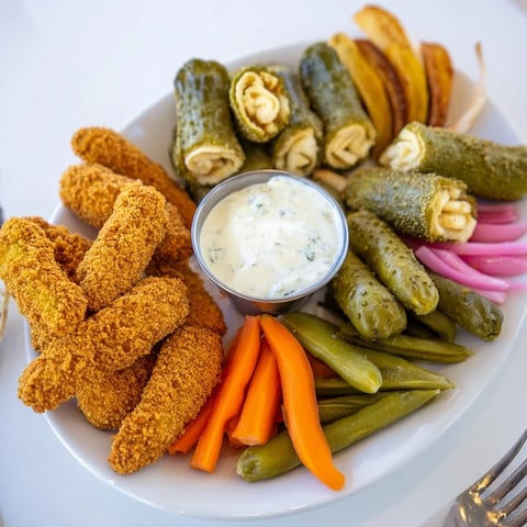 Golden crispy fried pickles served with colorful pickled vegetables and tangy ranch.  