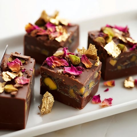 Decadent chocolate bar inspired creations topped with crunchy pistachios and rose petals.  