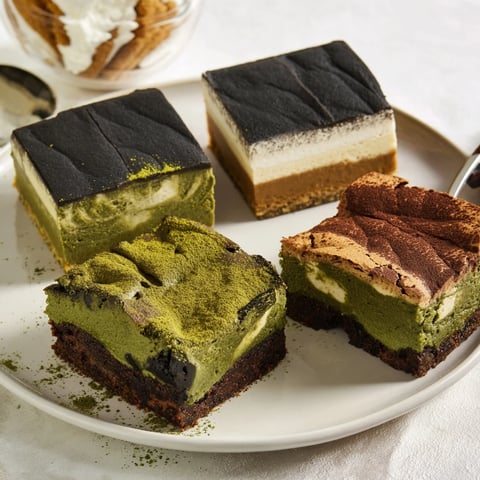 Delicious Global Dessert Mash-Ups feature matcha brownies and black sesame cheesecake bars.  