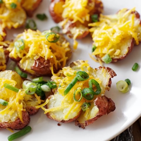 Golden crispy smashed green onion potato bombs topped with melted cheddar cheese.  