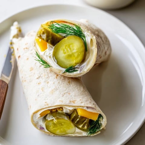 Crisp dill pickle wrapped in creamy cheese and soft tortillas snack recipe.  