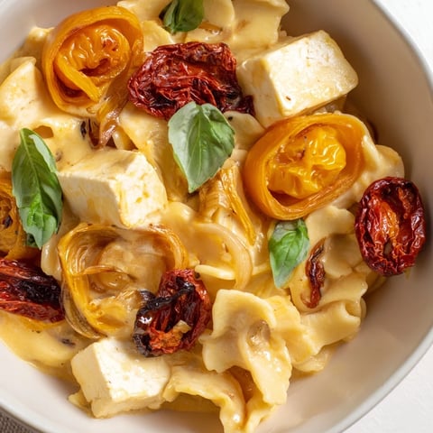 Creamy Baked Feta Pasta with caramelized onions and sun-dried tomatoes, perfect for dinner.