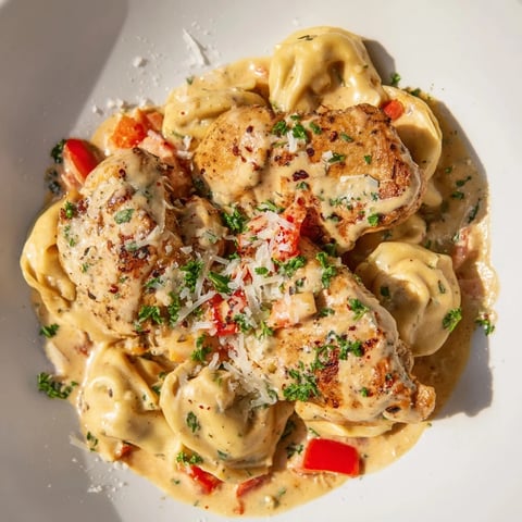 Zesty Cajun Garlic Parmesan Chicken Tortellini topped with parsley and extra cheese, deliciously creamy.