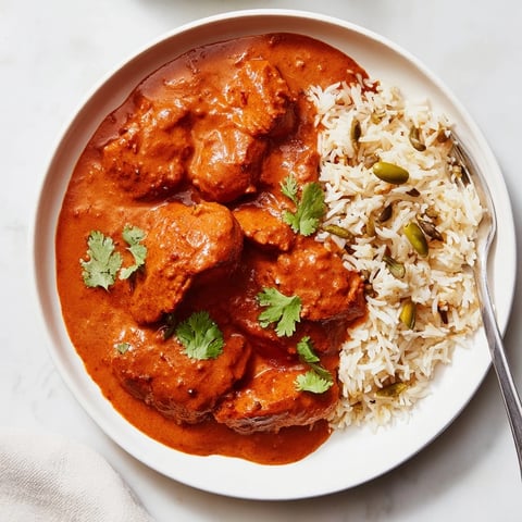 Tender butter chicken in creamy tomato sauce with fragrant rice pilaf served warm.  