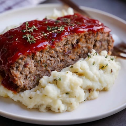 Classic Meatloaf topped with sweet glaze, served alongside buttery mashed potatoes.  