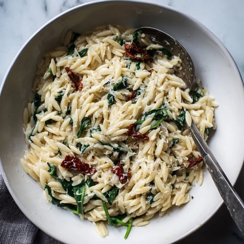 Creamy Tuscan Orzo Bowl topped with fresh spinach and sun-dried tomatoes, irresistible!  