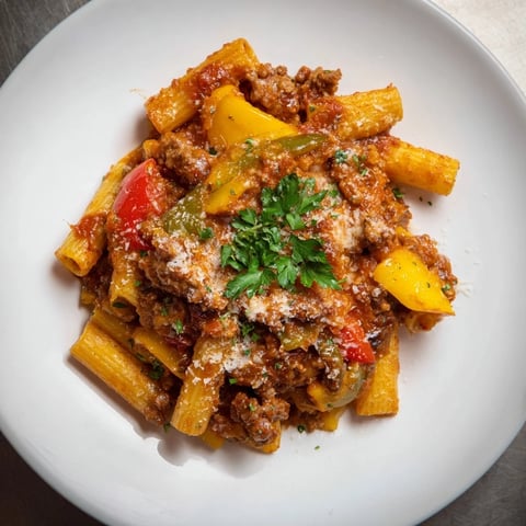 Steaming Baked Rigatoni with Sausage & Peppers, bubbling hot, ready for a comforting, cheesy bite.