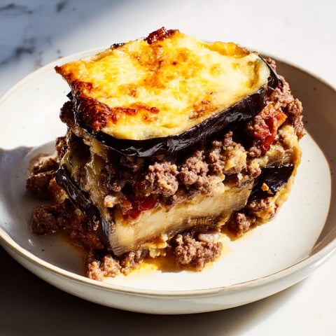 Golden-crusted moussaka with layers of eggplant, rich beef sauce, and creamy béchamel, a Greek classic.