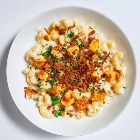 One-Pot Honey BBQ Chicken Mac and Cheese, bubbling and cheesy with crispy onion topping, ready to serve.