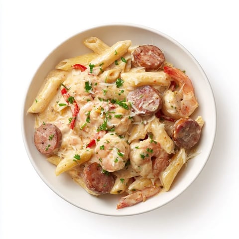 Cajun Sausage & Shrimp Alfredo Pasta Skillet features perfectly cooked shrimp and sausage smothered in creamy sauce.