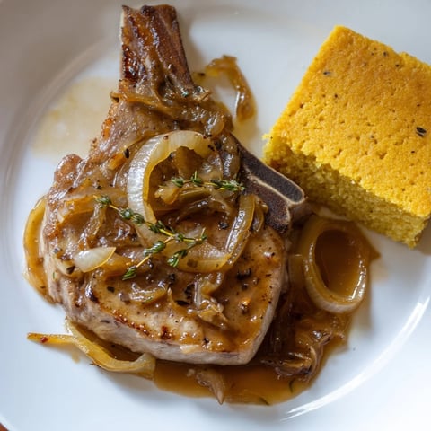 Golden, crispy smothered pork chops swimming in rich gravy with a side of warm cornbread.