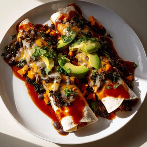 One-Pan Sweet Potato, Black Bean & Kale Enchiladas, baked with melted cheese, offer a flavorful meal.