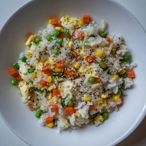 A steaming bowl of flavorful Frozen Veggie Fried Rice with fluffy egg and rich soy sauce.