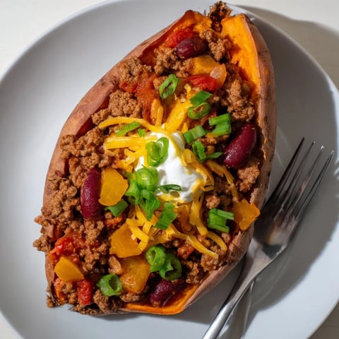 Golden, fluffy baked sweet potatoes overflowing with savory, rich chili, ready to eat.