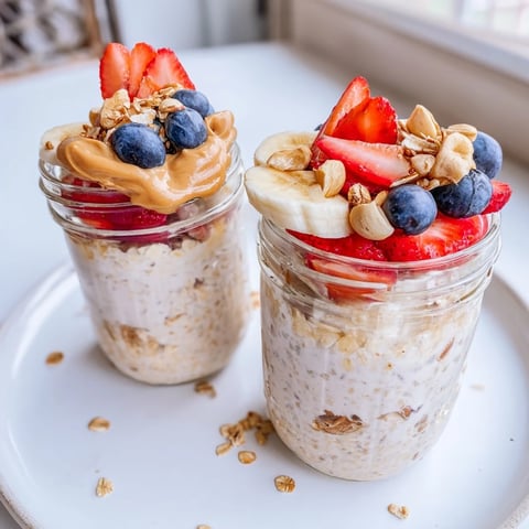 Overnight Oats Jars layered with fresh strawberries, banana, and peanut butter, a quick breakfast.