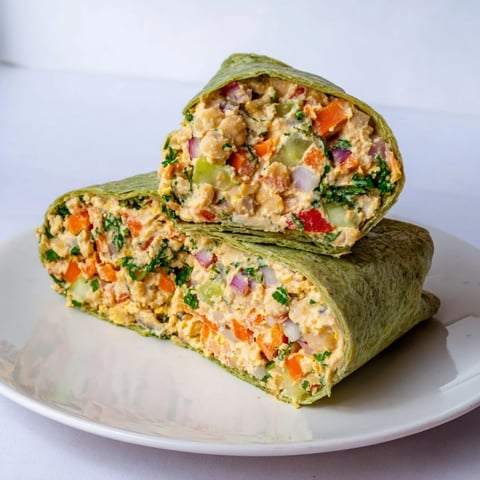 Creamy chickpea salad wraps brimming with color, perfect for a quick and healthy lunch idea.