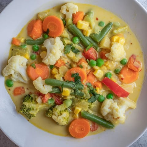 Steaming Veggie Coconut Curry, a vegan delight with vibrant vegetables in creamy coconut sauce.