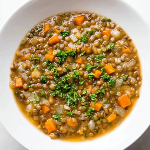 Steaming bowl of Lentil Soup with carrots and celery, garnished with fresh herbs, ready to serve.