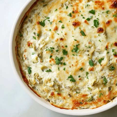 Warm, bubbly baked artichoke dip, a creamy appetizer with golden, melted cheese, perfect for sharing.