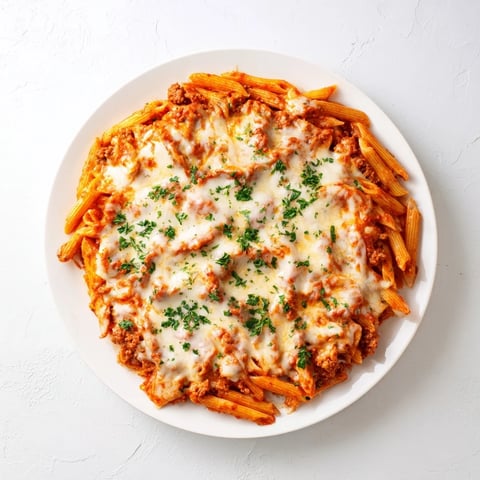 Melted mozzarella tops a golden Budget Sausage and Cheese Pasta Bake, ready for serving tonight.