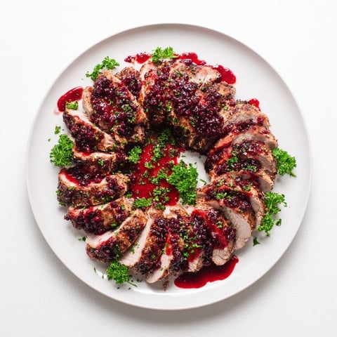 Savory slices of tart cherry date glazed pork tenderloin glistens after being roasted and glazed.