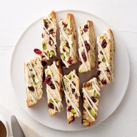 Golden brown White Chocolate Cranberry Pistachio Biscotti, drizzled with white chocolate, perfect for dessert with coffee.